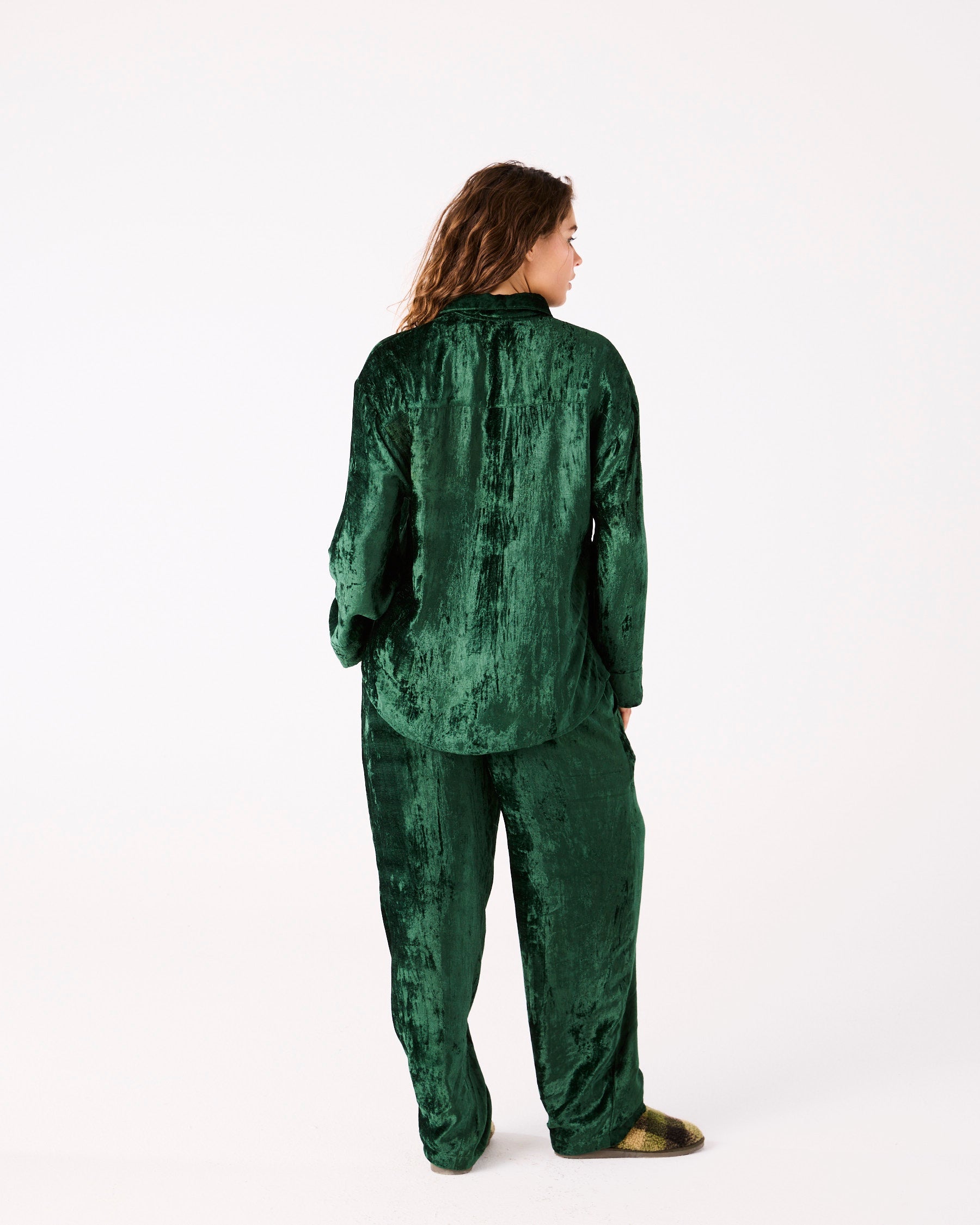 Back view of Candy Pine Adult Velvet Long Sleeve Shirt and Pant Pyjama Set by Kip Co