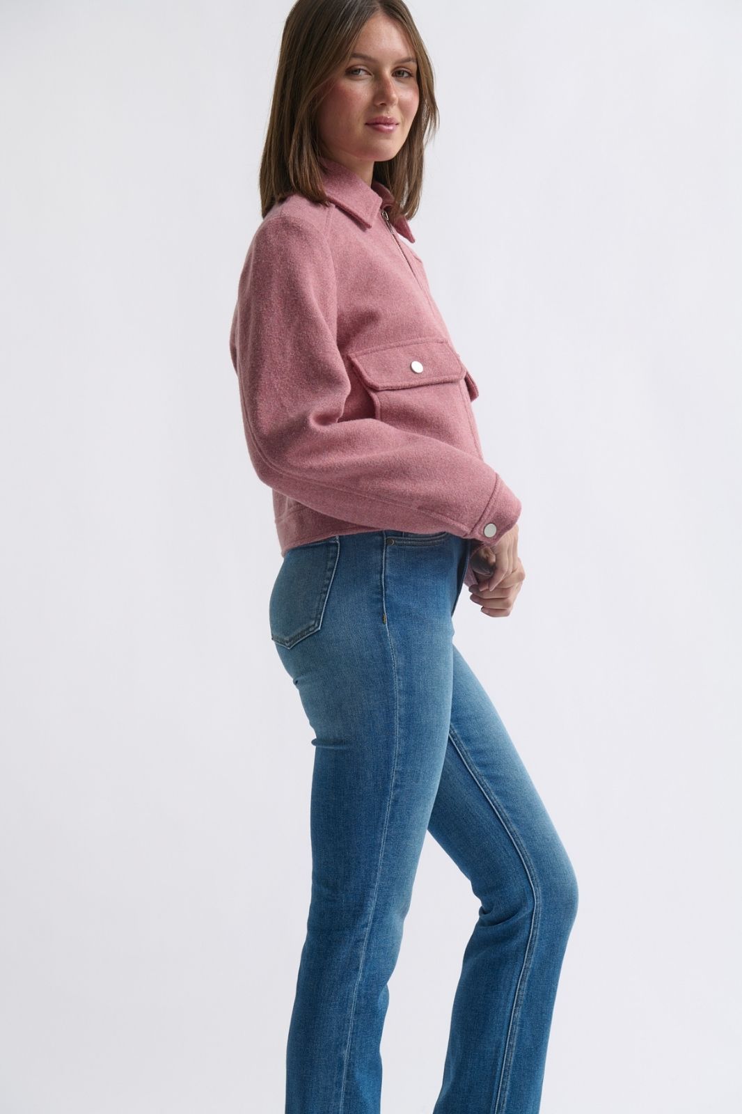 Close up detail of Carla Jacket musk pink wool acrylic blend texture