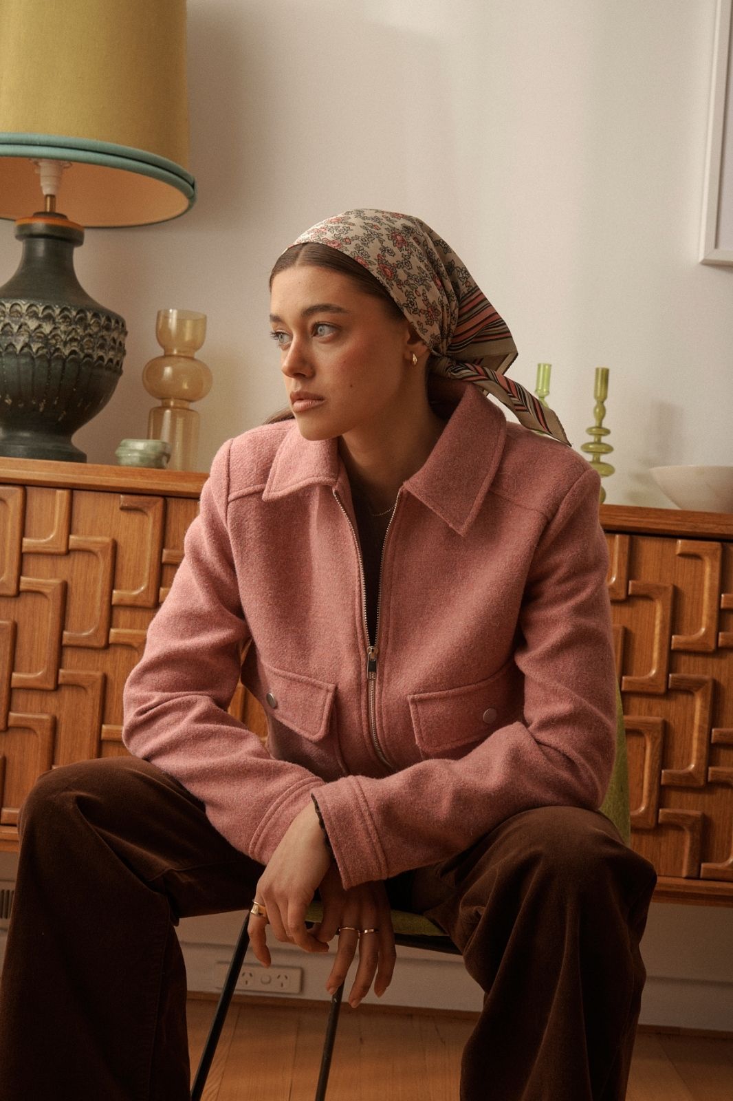 Carla Jacket musk pink by Kireina showing tailored fit