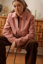 Carla Jacket sleeve detail in musk pink wool acrylic material