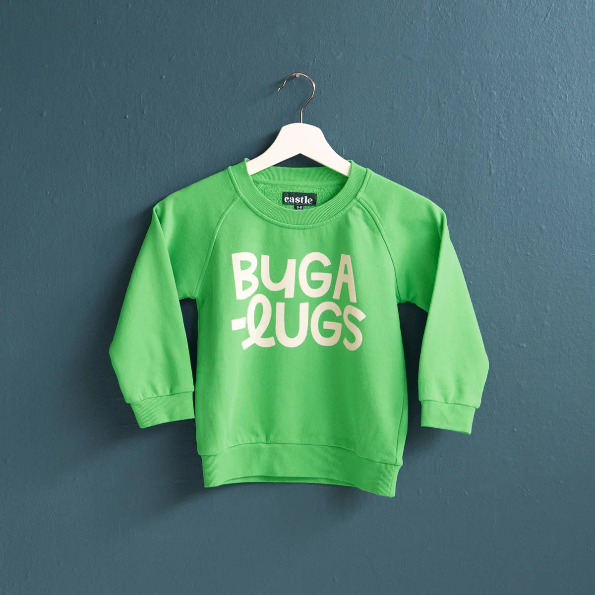 Kids green sweatshirt with Bugalugs text in white writing