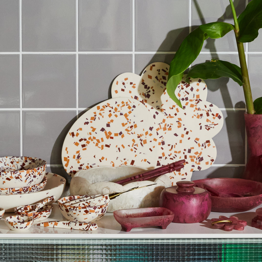 Charlie Board in colour Nougat Terrazzo by Sage & Clare. Display with other resin homewares by Sage & Clare