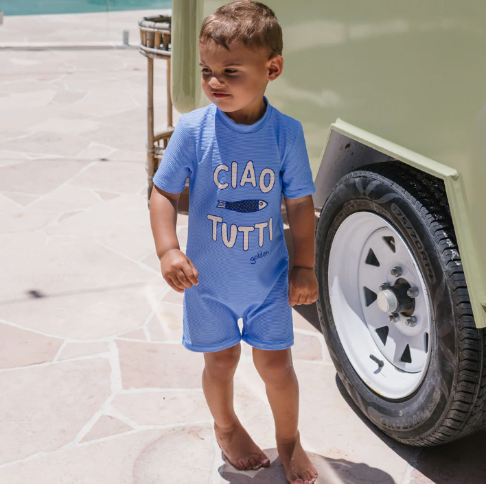 Young boy in the Ciao Tutti Pesci One Piece Swim - Pool Blue | Golden Children