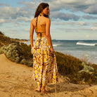 long retro floral skirt in yellow white and brown. Made from cotton with a shirred waist for comfort