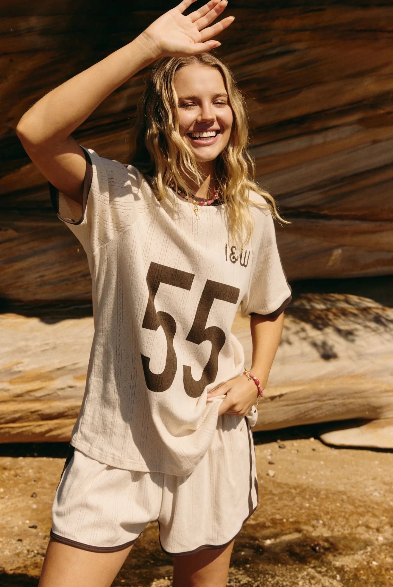 lady wearing Club 55 Shorts - Cocoa brown by Indigo & Wolfe