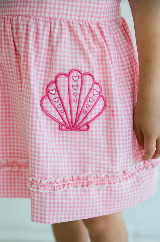 shell embroidery detail on girls dress - Coco Dress – Strawberry Gingham by Juni