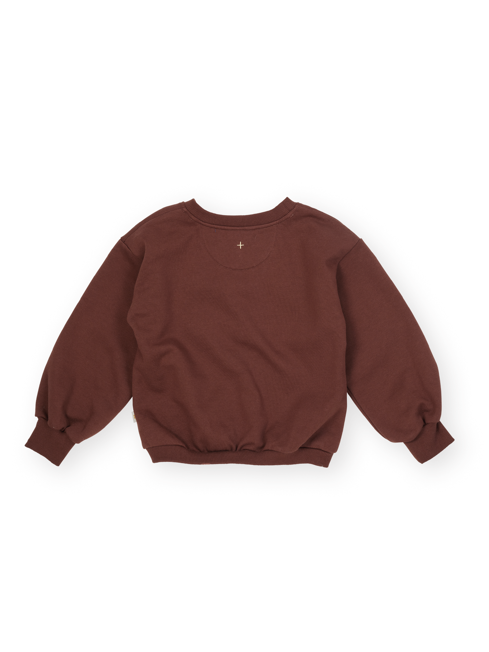 Back view of brown embroidered sweater showing crew neckline and long sleeve construction