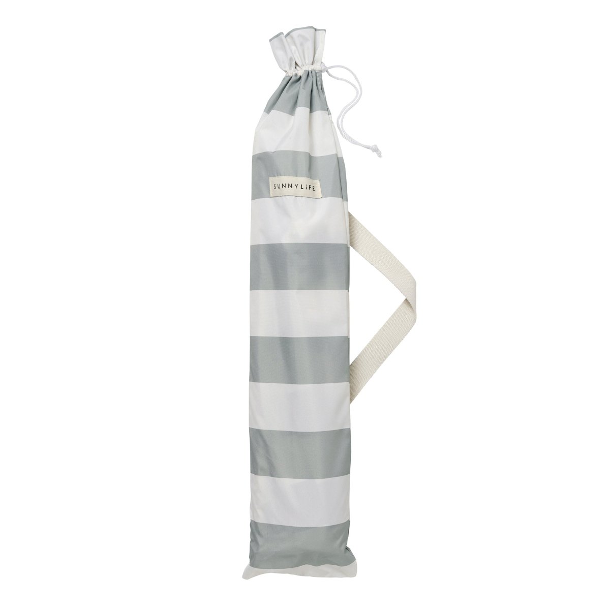 Compact beach umbrella folded in carry bag with shoulder strap for easy transport and storage