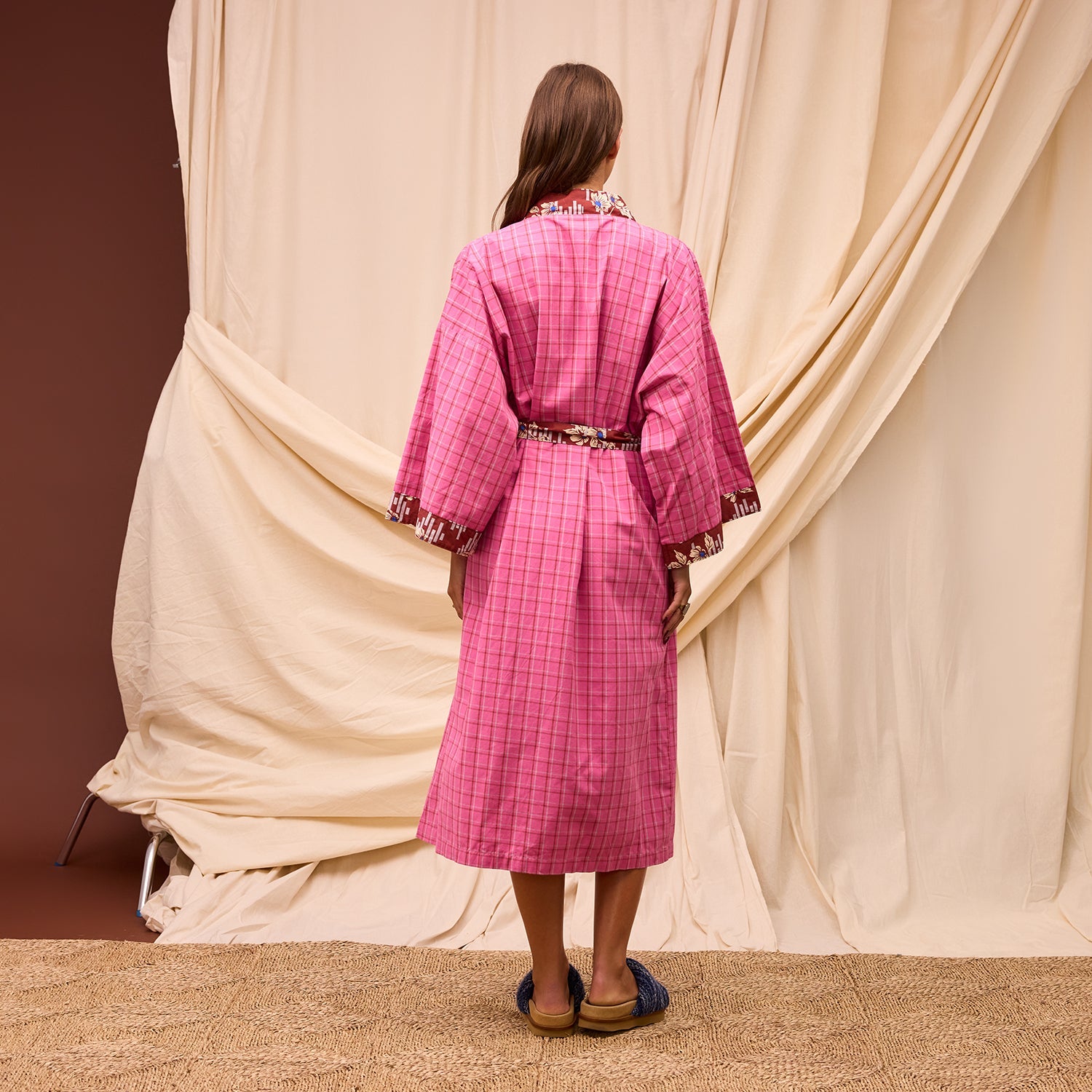 Back view of Sage & Clare Cosmin Cotton Robe showing wide bell sleeves and relaxed fit design with belt tied