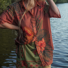 Womens tropical shirt matching Cuban wrap skirt coffee print