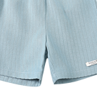 Close up of front on the Cyriel Shorts - Steel Blue Striped | Donsje