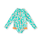 flat lay image of Daisy patch long sleeve frill girls swimsuit by Goldie and Ace