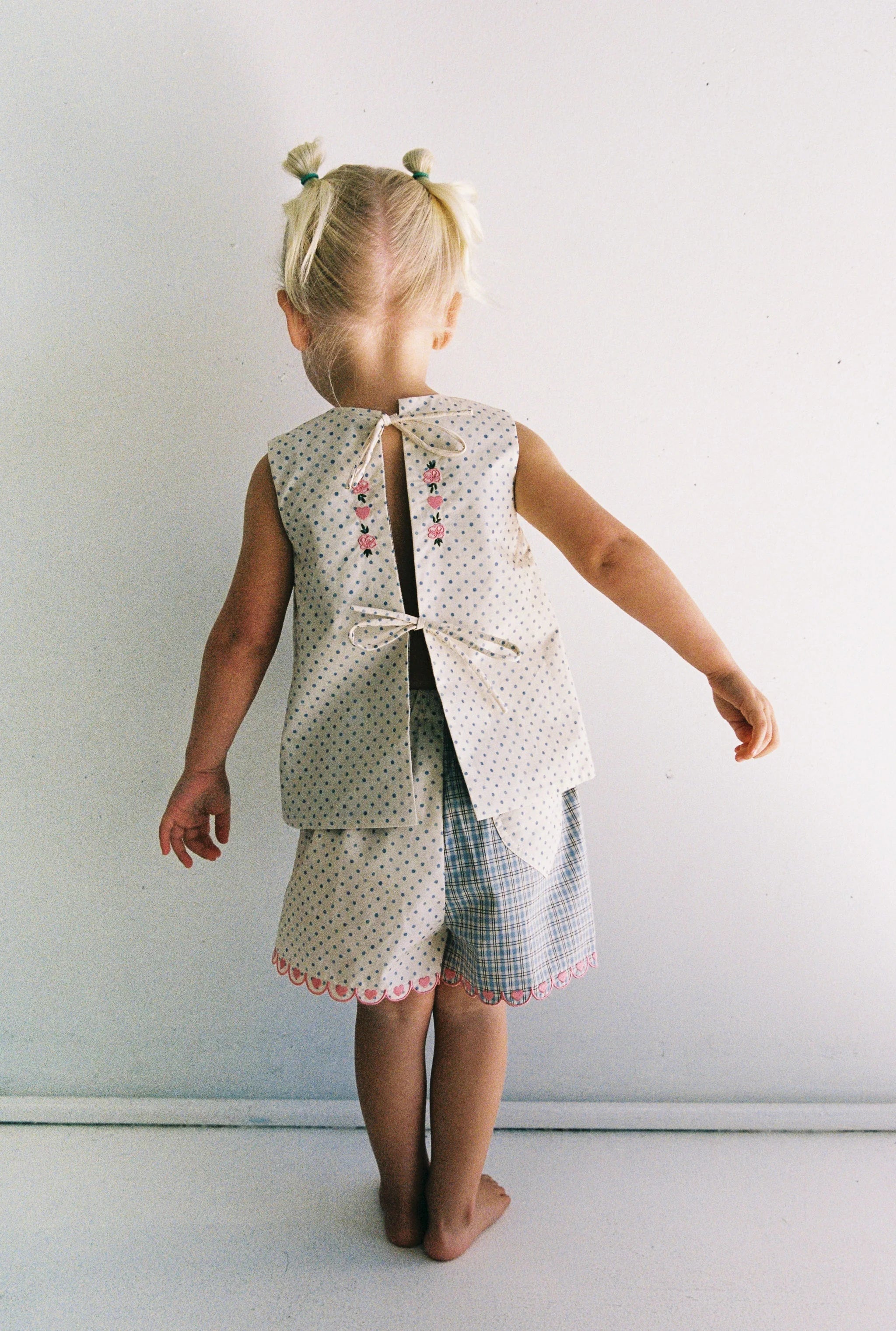 back details of tie up top - Della Top - Blue Check / Polka Dot by Juni 