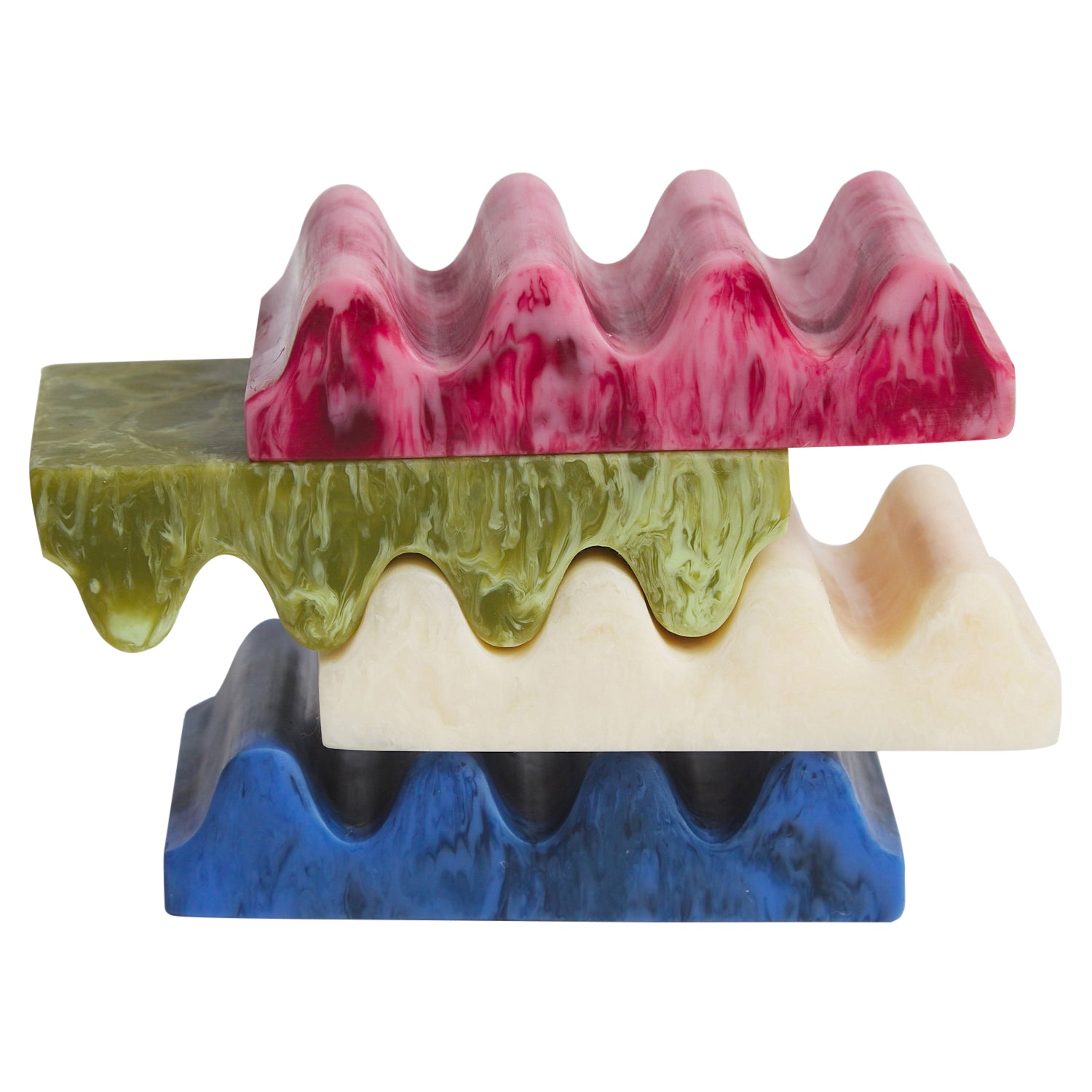 Stacked collection of Denise Soap Dishes in pink, green, cream and blue marbled resin finishes