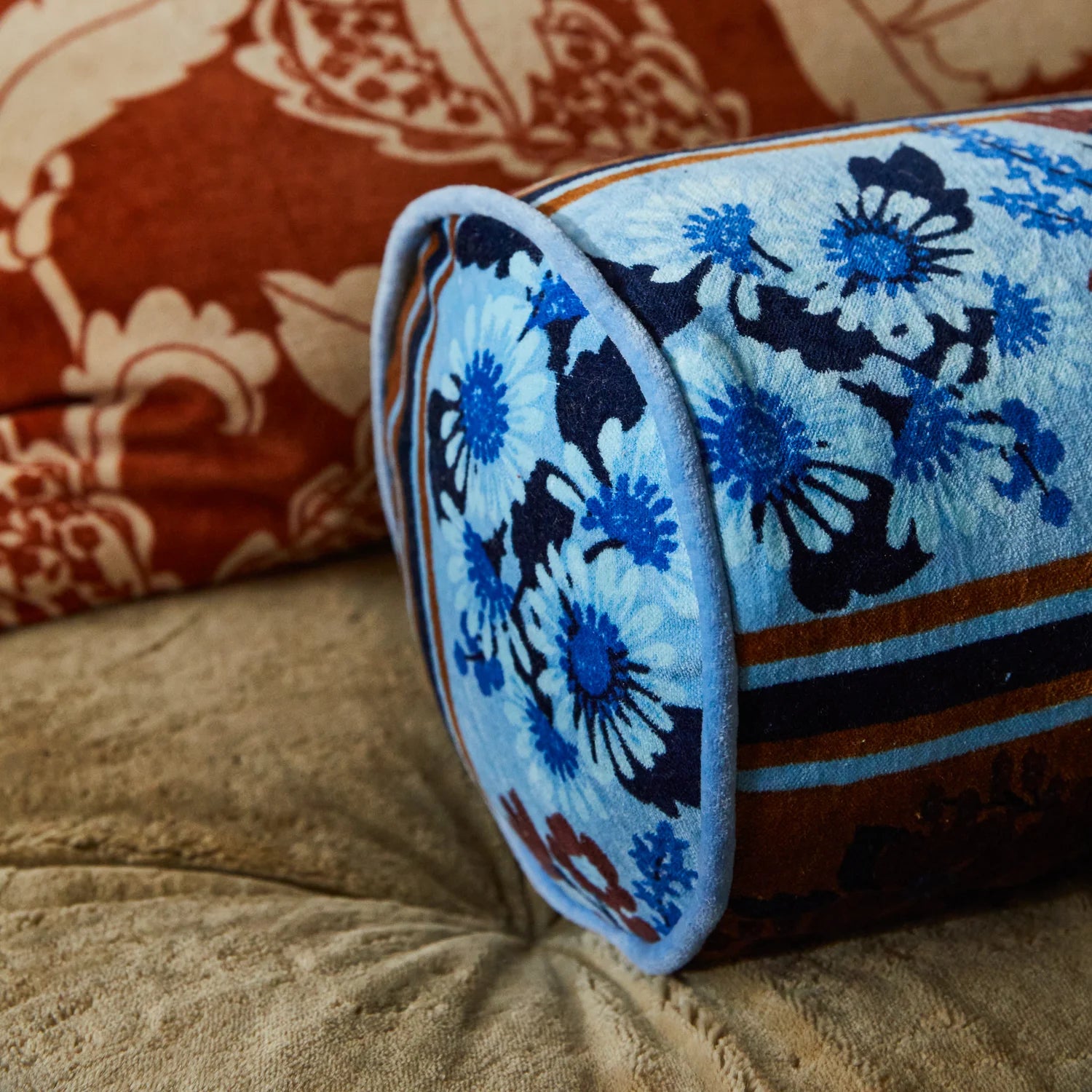 Devi Bolster Cushion Blue Jean by Sage & Clare close up details