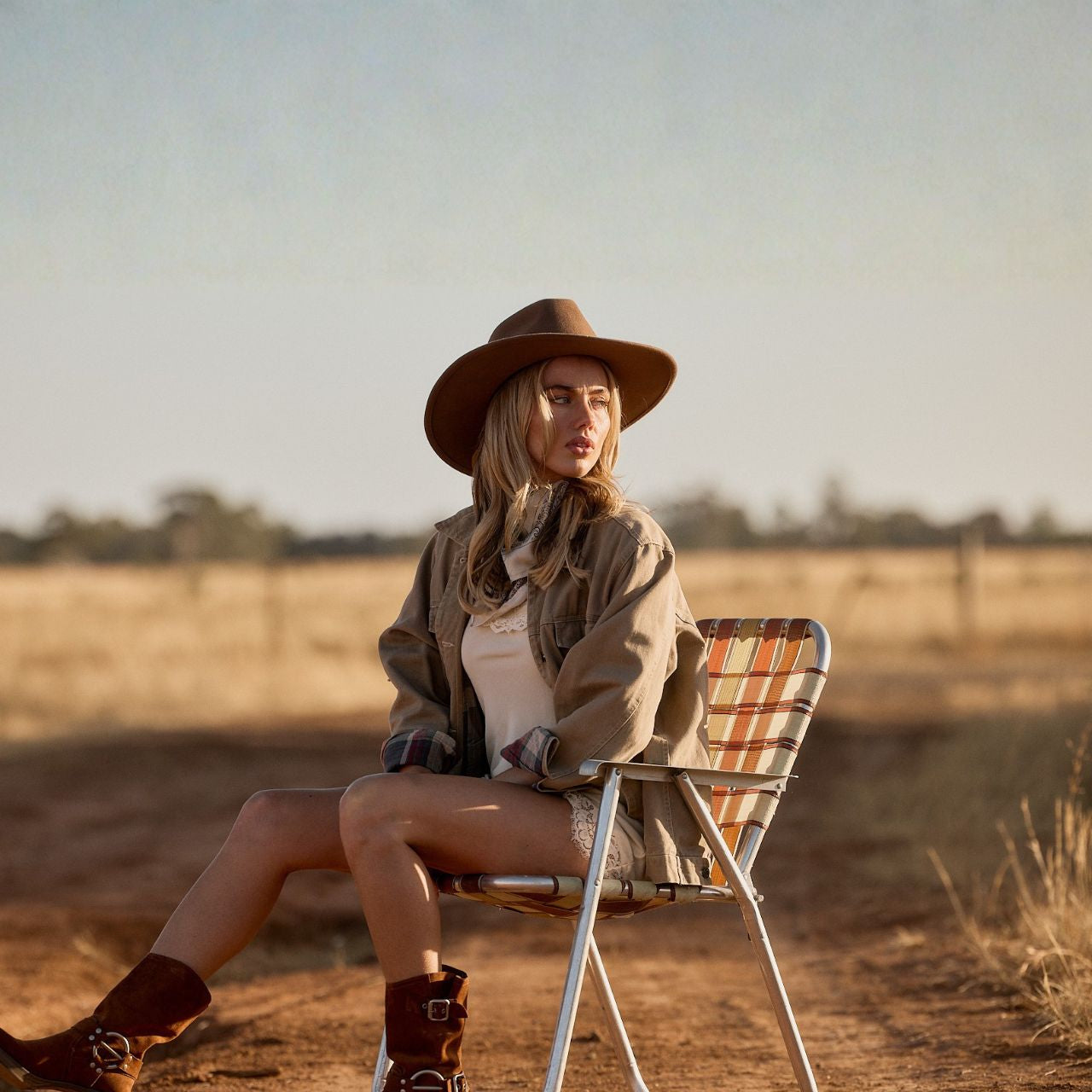Dusty brown packable outback hat worn with wide brim showing classic western style in outdoor setting