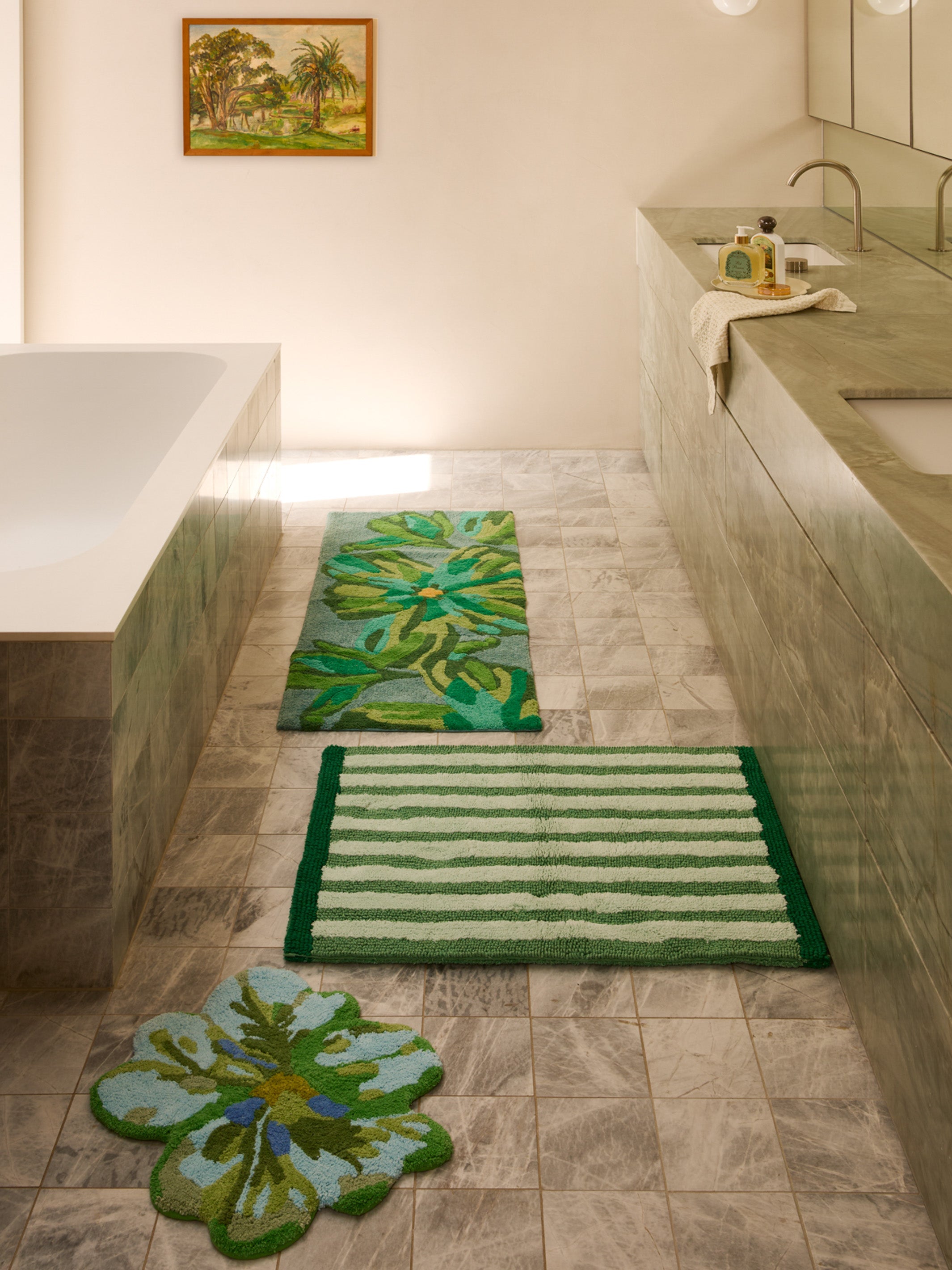 Dutch Floral Green Long Bath Mat by Bonnie & Neil with hand drawn tulip design in green tones