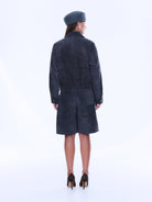 Back view of Emma Utility Suede Jacket showing gathered waist detail and full-length navy suede construction