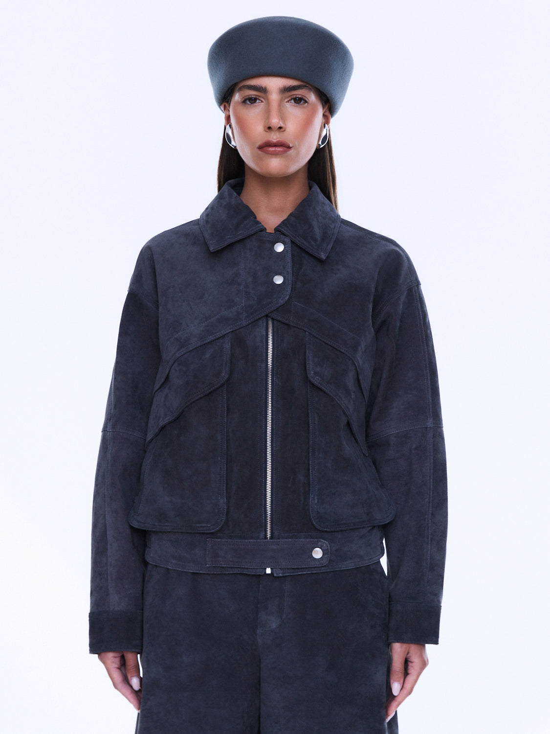 Front view of Emma Utility Suede Jacket highlighting chest pockets and zip closure with silver hardware