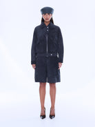 Full frontal view of Emma Utility Suede Jacket showcasing complete navy suede utility design and proportions