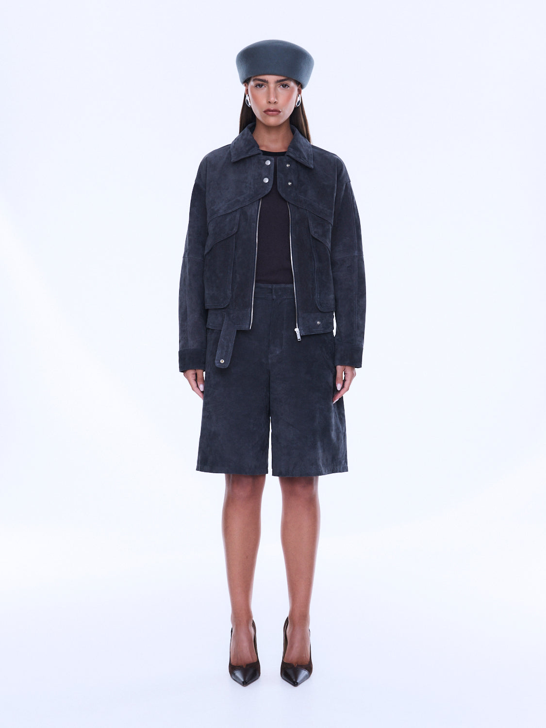 Emma Utility Suede Jacket worn open revealing layered styling and utility pocket placement details