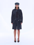 Emma Utility Suede Jacket worn open revealing layered styling and utility pocket placement details