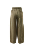 Back view flat lay showing washed olive barrel trackpant with back pocket and elastic waistband