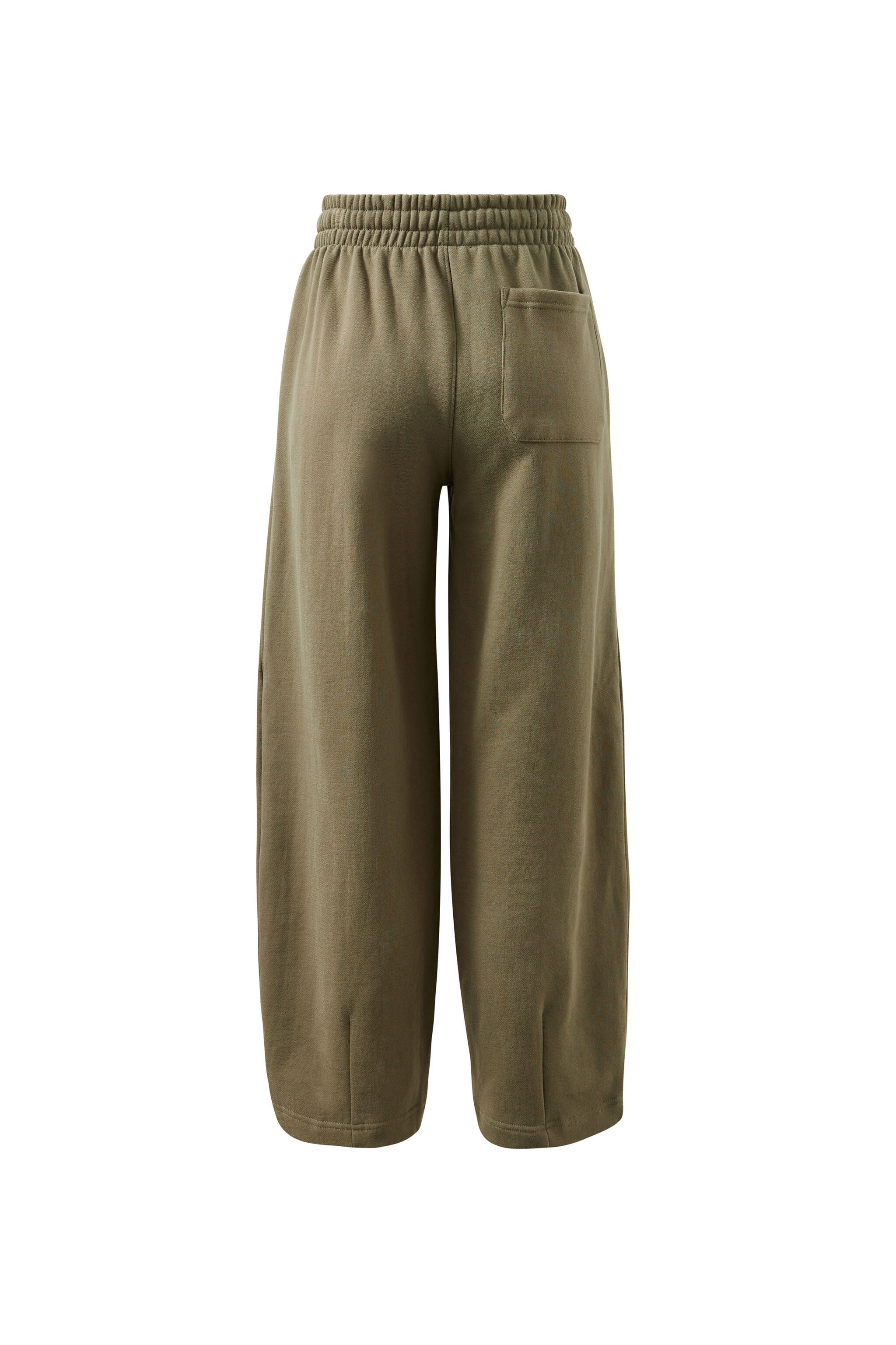 Back view flat lay showing washed olive barrel trackpant with back pocket and elastic waistband
