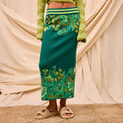 Detailed texture shot of Eliza Knit Maxi Skirt showing striped waistband and floral knit weave