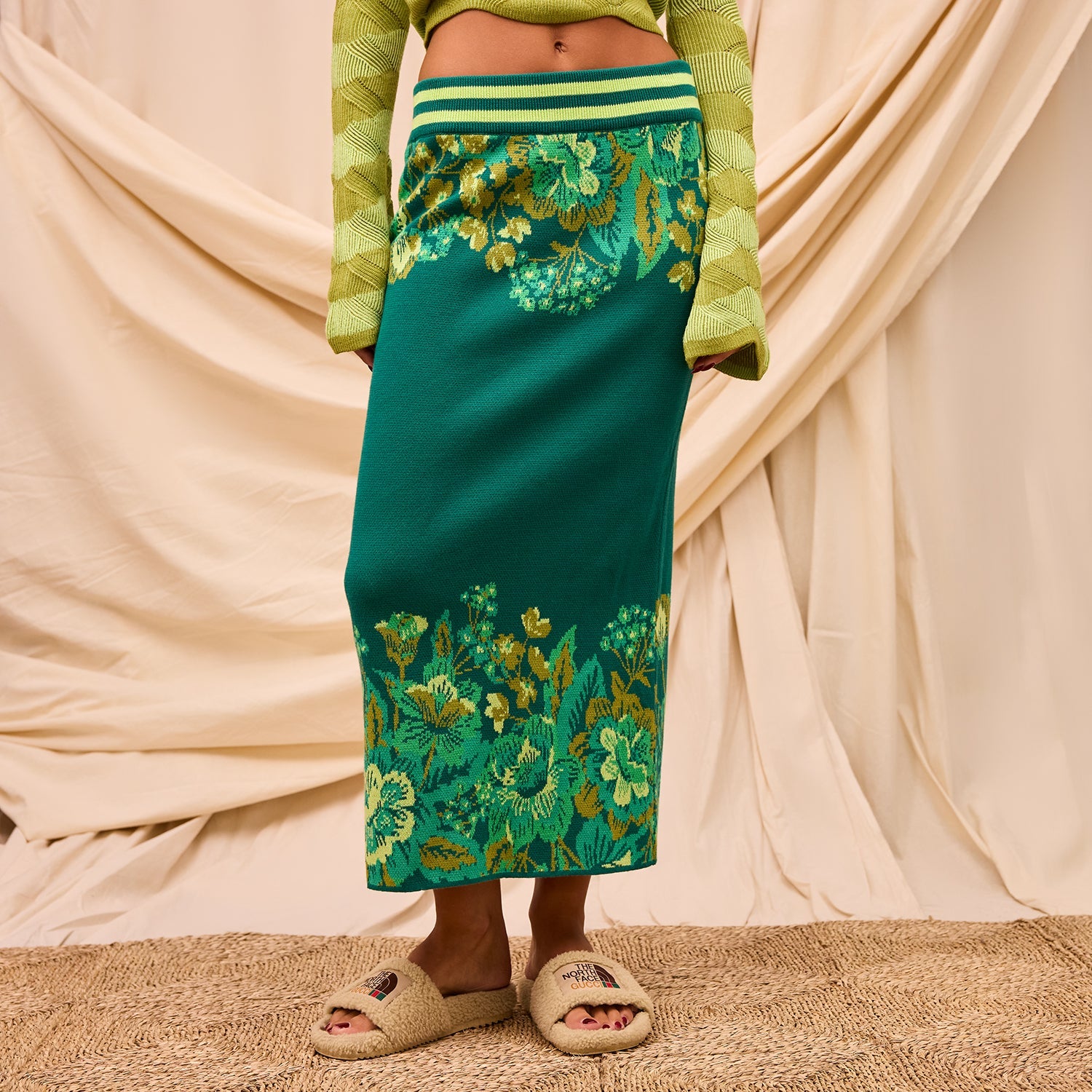 Detailed texture shot of Eliza Knit Maxi Skirt showing striped waistband and floral knit weave
