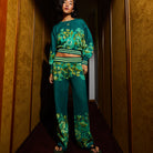 Full length front view of complete Eliza Knit Sweater set with matching botanical pants