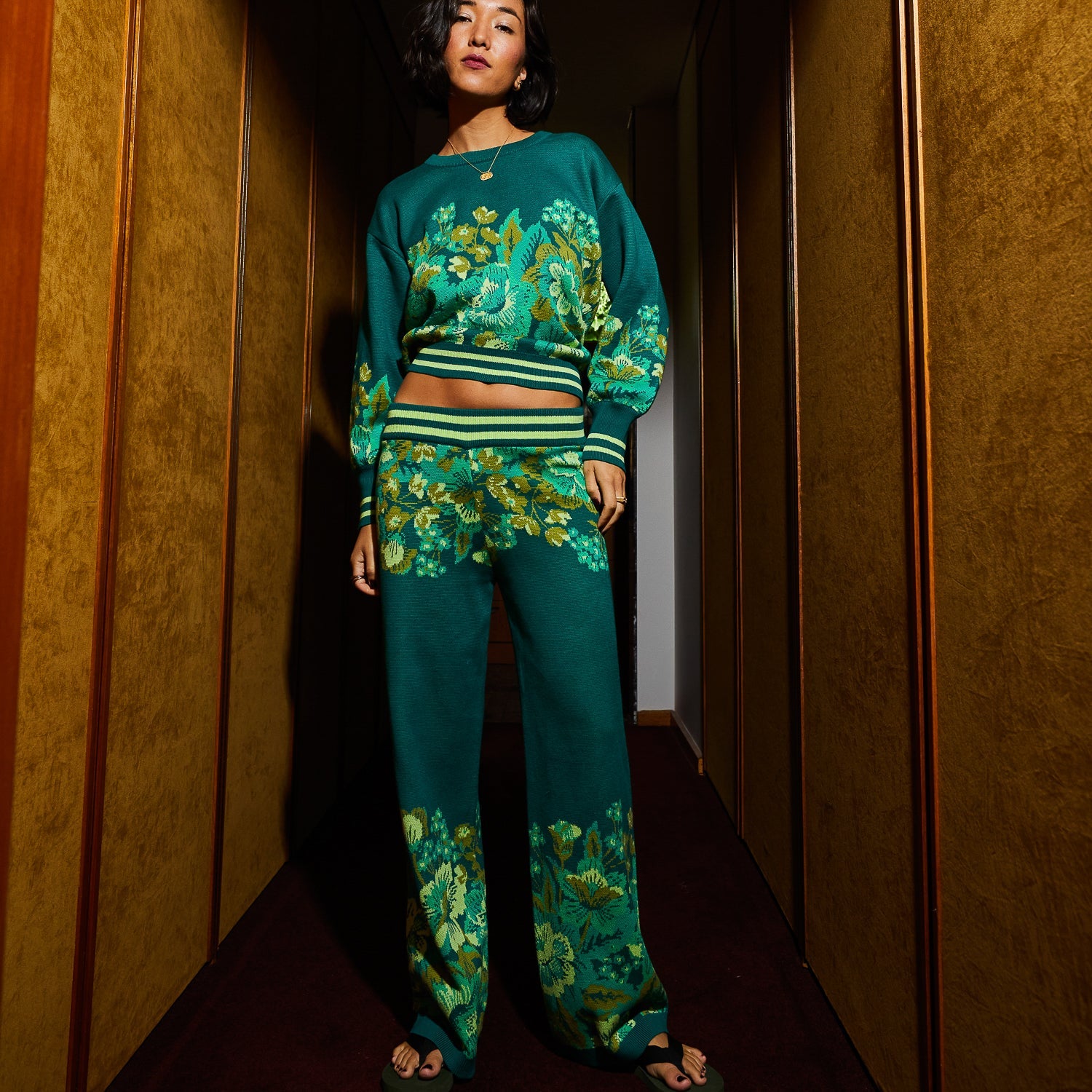 Full length front view of complete Eliza Knit Sweater set with matching botanical pants