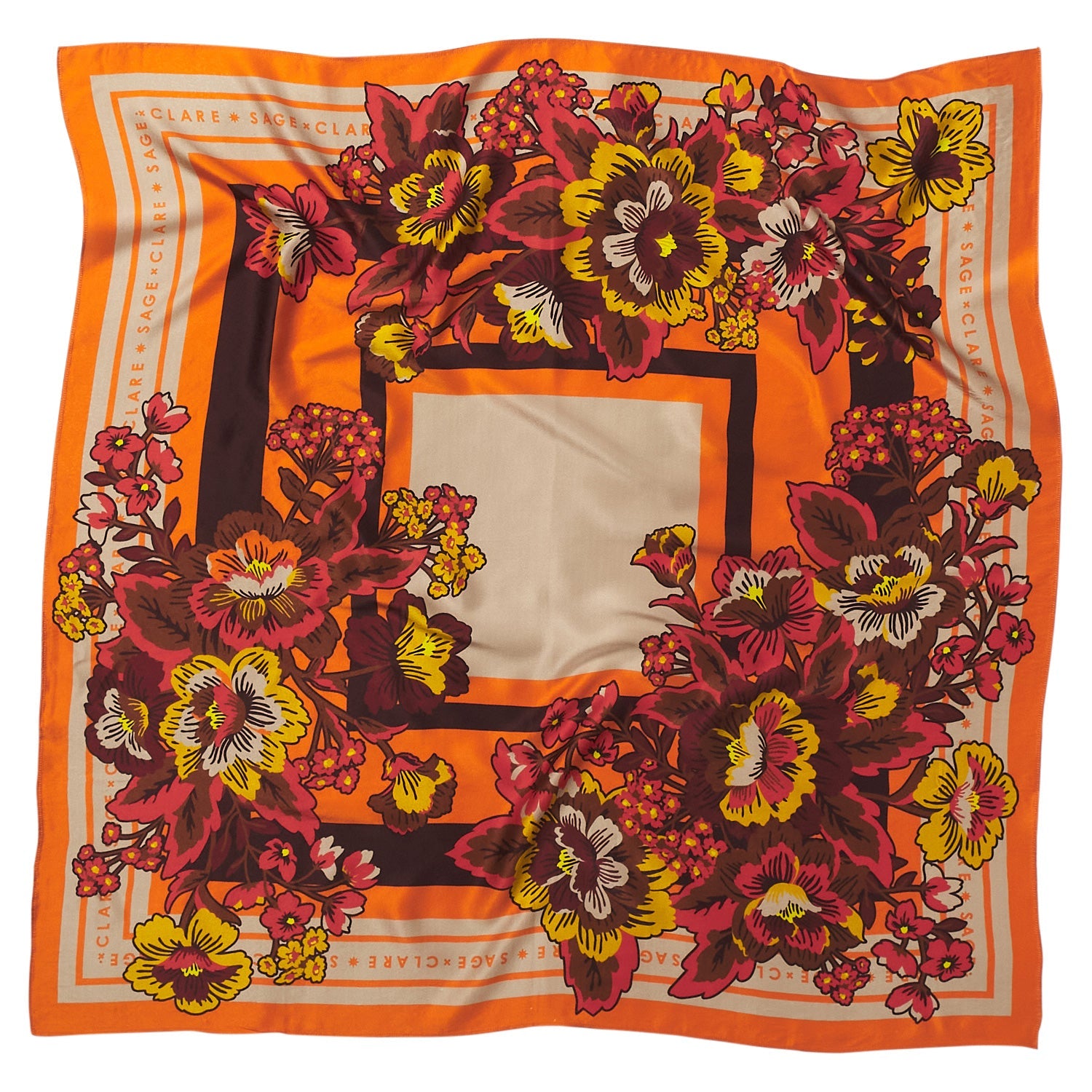 Eliza Silk Scarf by Sage Clare with vibrant orange floral print and cream center square design