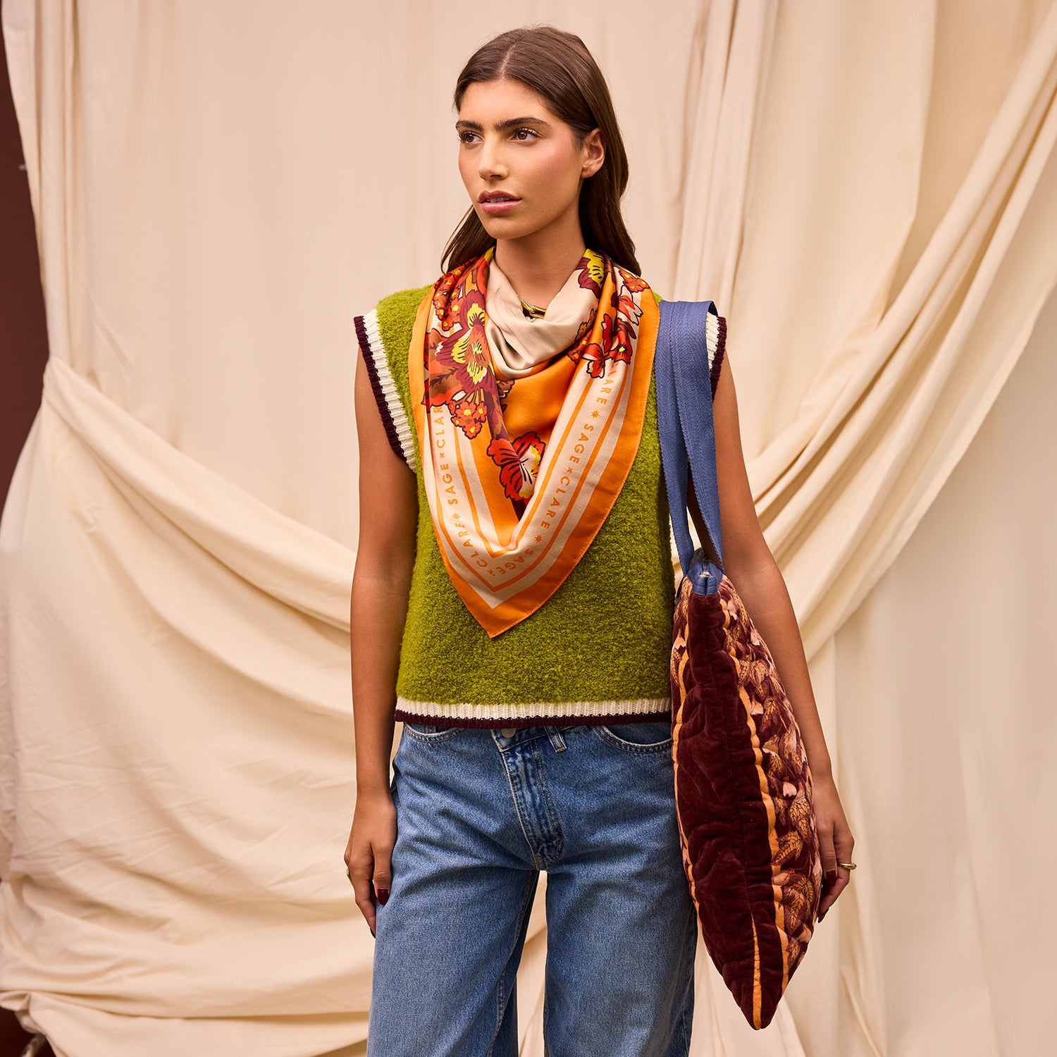 Full body view of model styling Eliza Silk Scarf as neck accessory with casual outfit