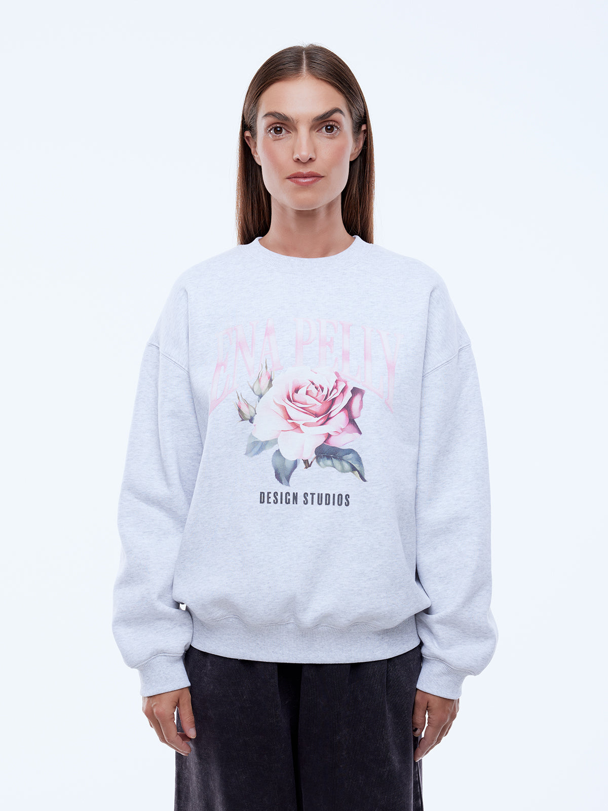 Ena Pelly Rose Sweatshirt White Marle oversized cotton fleece jumper with floral graphic print