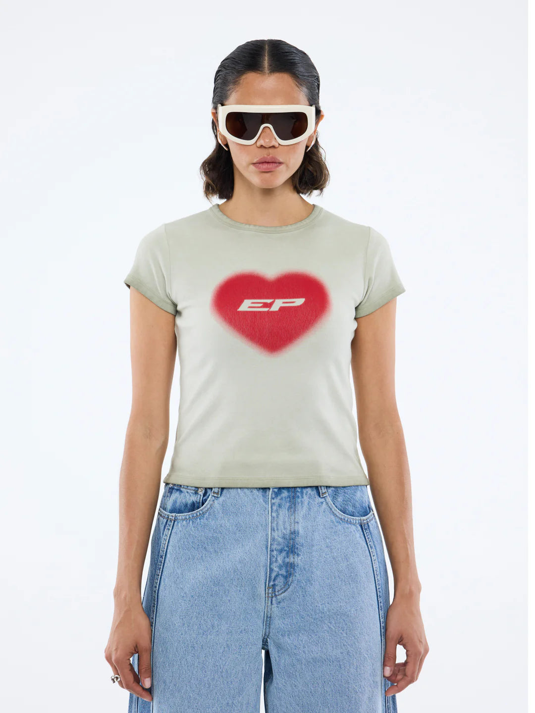 model wearing Ep Heart Rib Baby Tee - Washed Stone by Ena Pelly