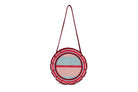 Front view of Escape Mini Love Note Tote featuring blue pink burgundy striped circular design with fringe trim