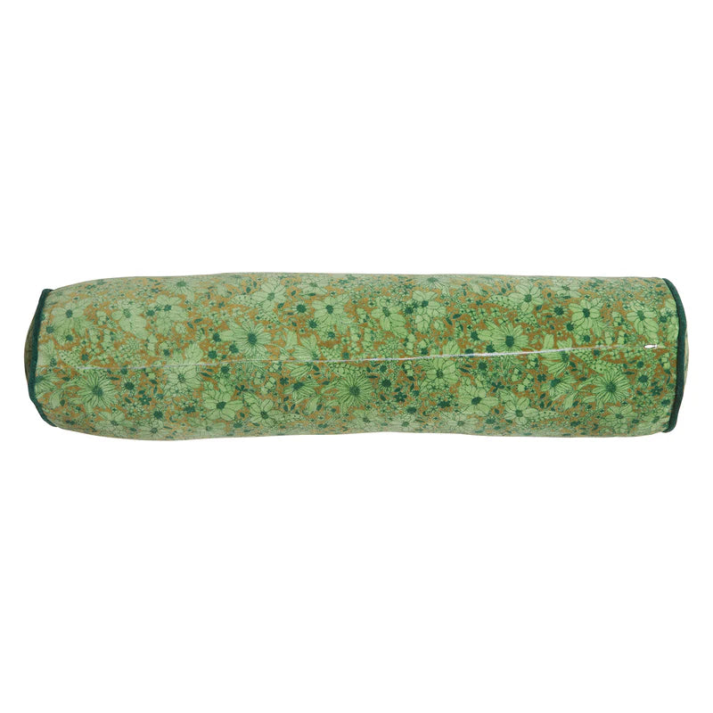 back side of green floral Evette Velvet Bolster by Sage & Clare