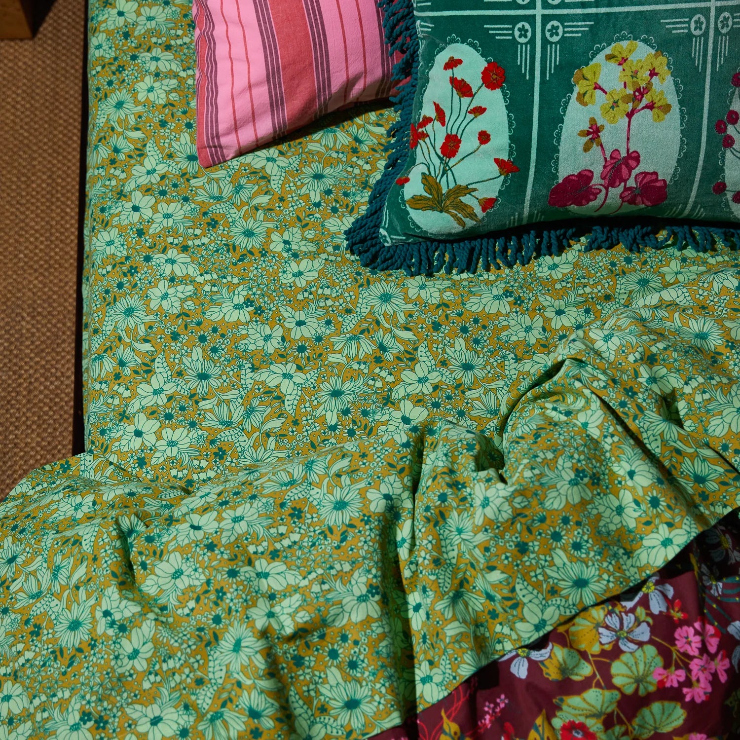 Evette cotton fitted sheet by Sage and Clare with olive green floral print