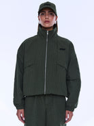 Front view of Fallon Zip Thru Jacket with chest pockets and olive check fabric detail