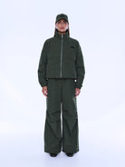 Front styling view of Fallon Zip Thru Jacket in olive check with high collar fully zipped