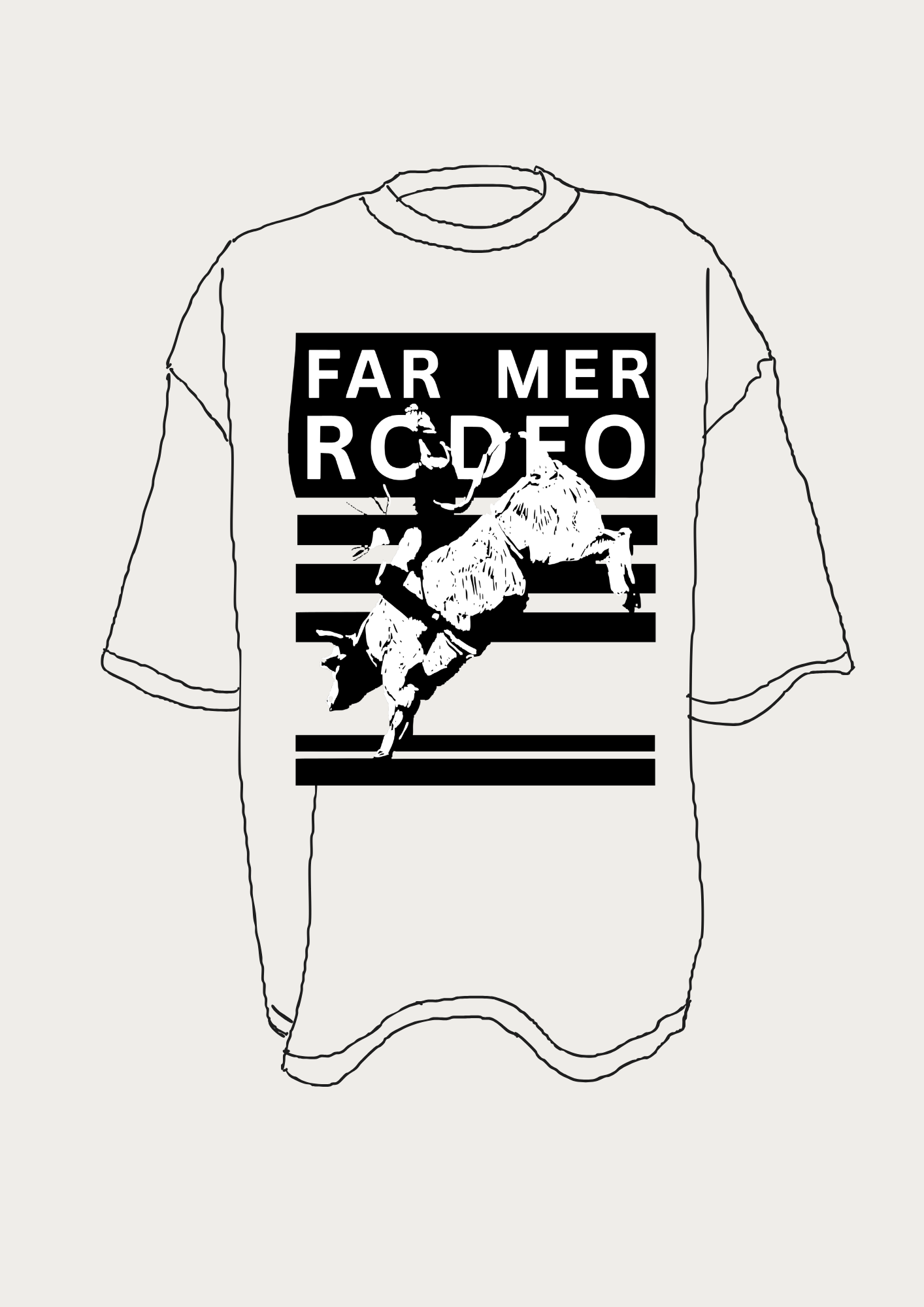Flat lay illustration of Rodeo Box Tee showing black and white graphic design on white cotton tee