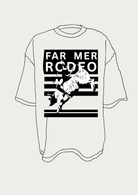 Flat lay illustration of Rodeo Box Tee showing black and white graphic design on white cotton tee