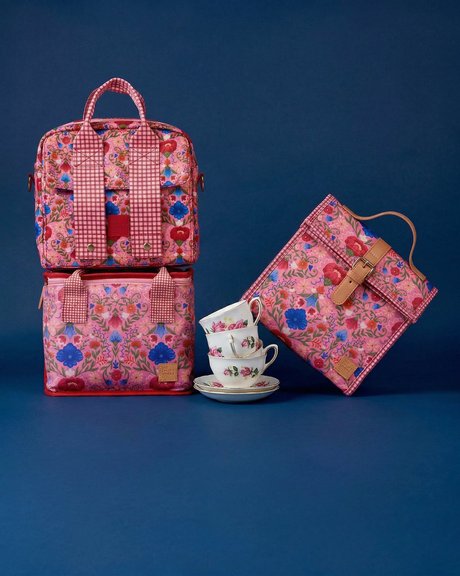 Fable lunch collection featuring multiple bags with matching floral and gingham patterns