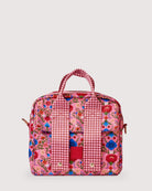 Front view of Fable lunch tote showing pink floral print with red gingham handles and trim