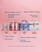 Size comparison chart showing Fable lunch tote dimensions and features alongside other styles