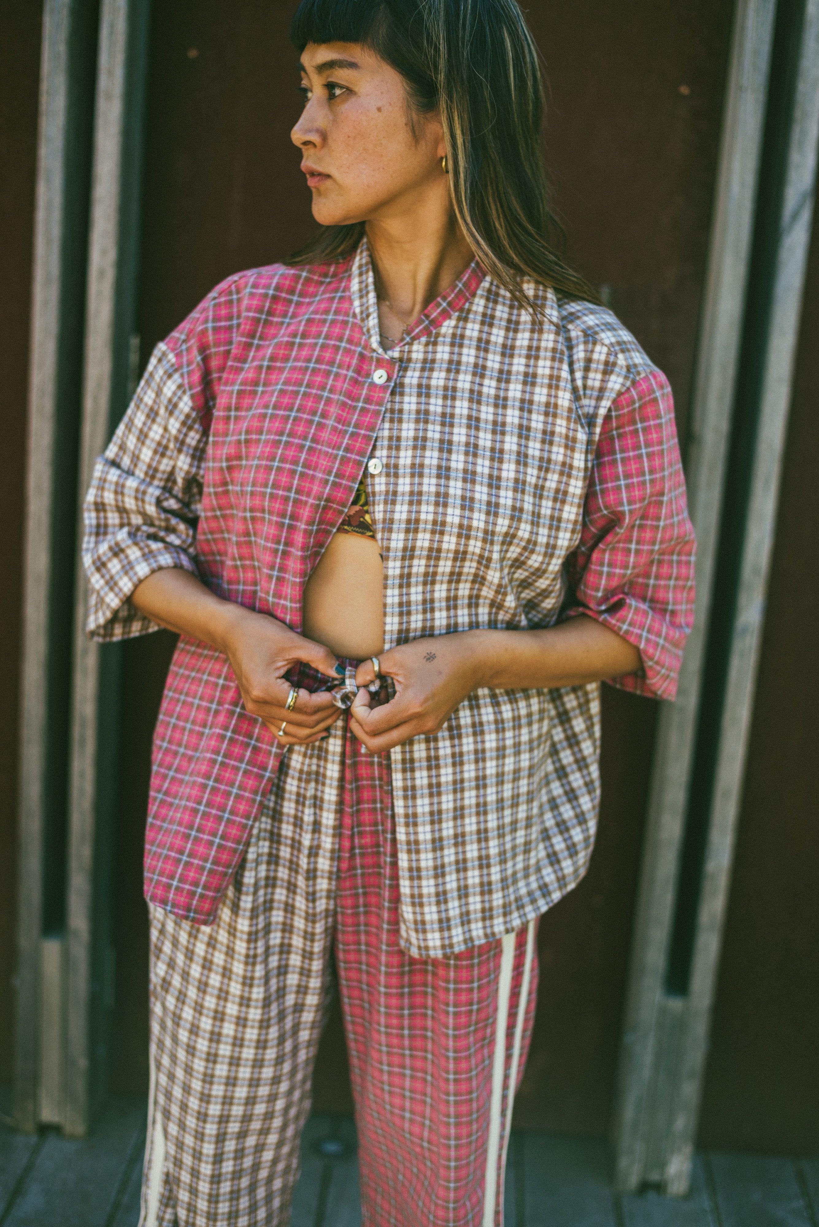 Atmosea matching check pants and top in pink and brown