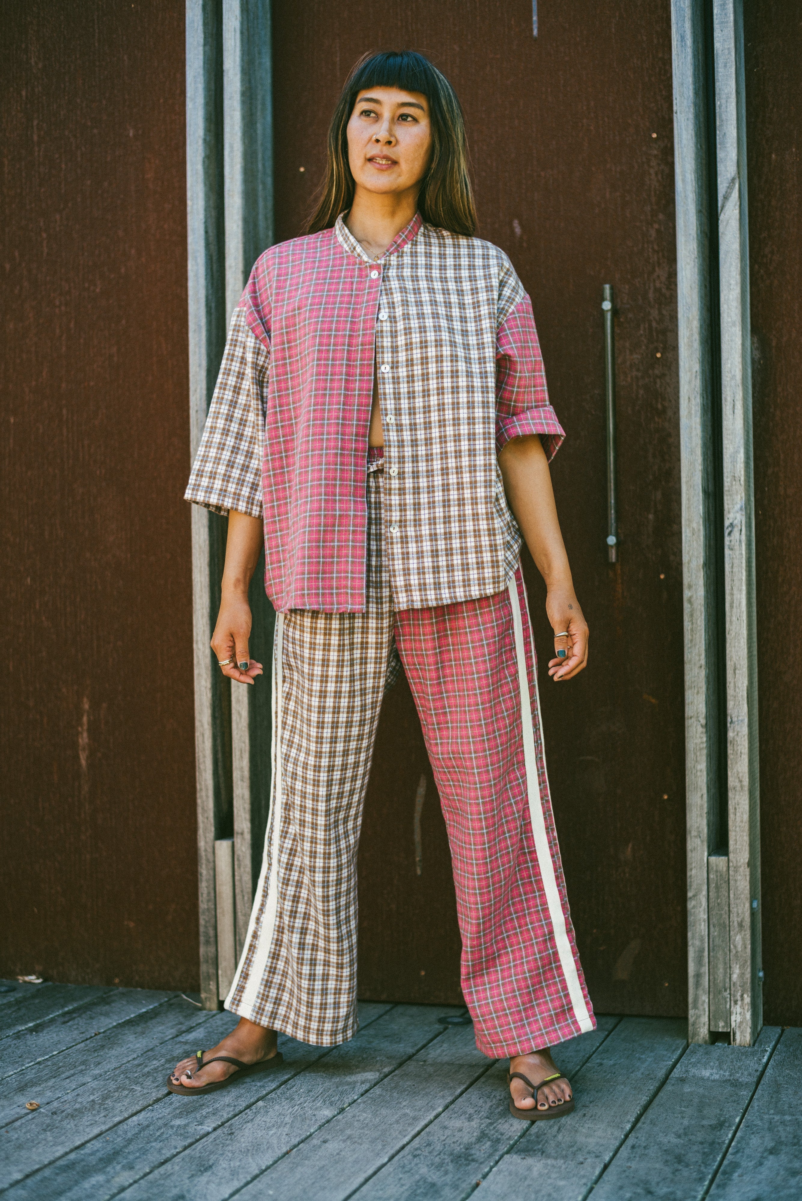 lady modelling Flannel Flare Pant - Strawberry Milk by Atmosea
