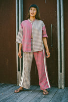 lady modelling Flannel Flare Pant - Strawberry Milk by Atmosea