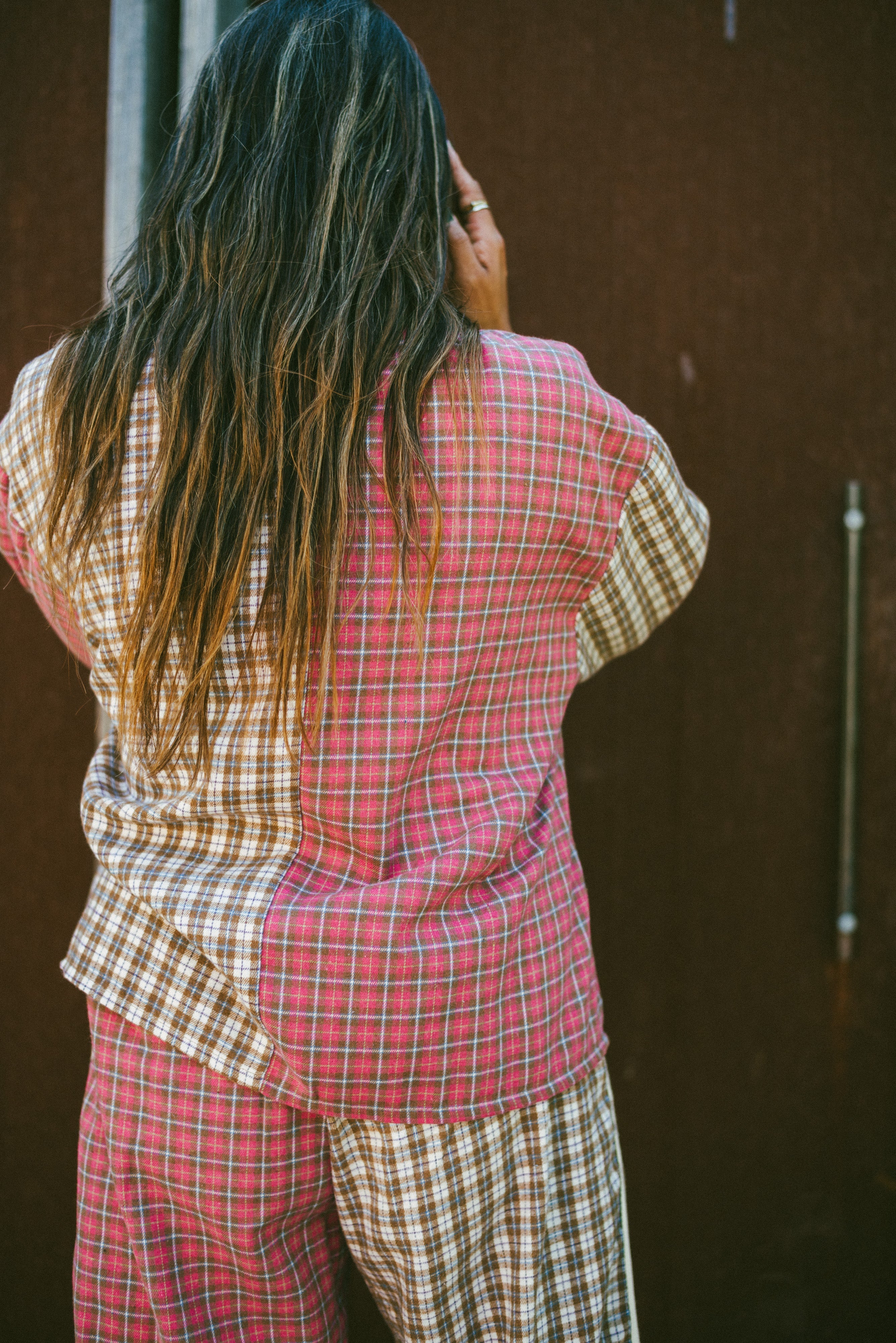 Back view of Flannel Box Shirt - Strawberry Milk | Atmosea